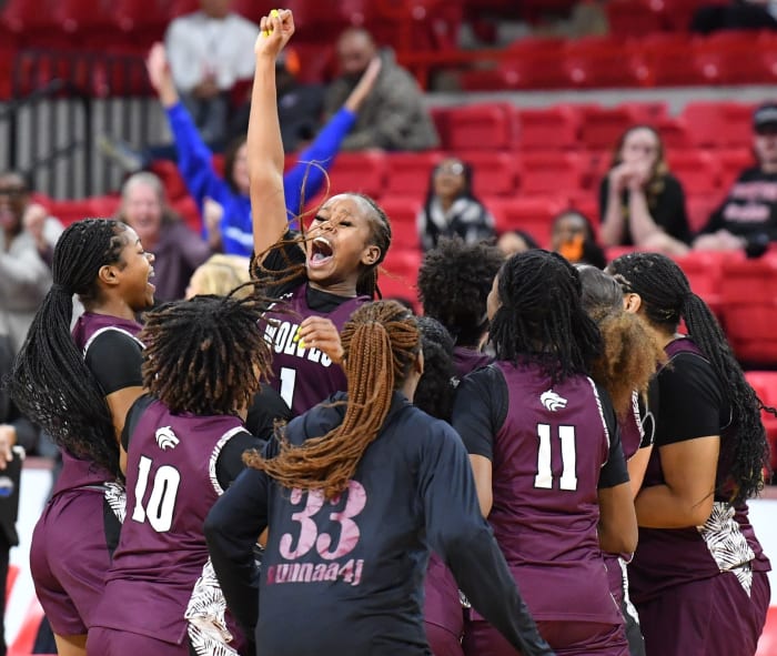 Mansfield Timberview celebrates defeating Amarillo High 55-52 during the 5A regional tournament on Friday, February 23, 2024 at Kay Yeager Coliseum.